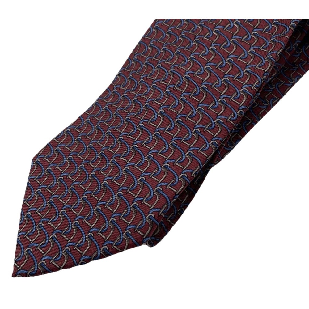 Sulka Mens Tie Silk France Burgandy Blue Gold Horse Bit Equestrian 56" Short